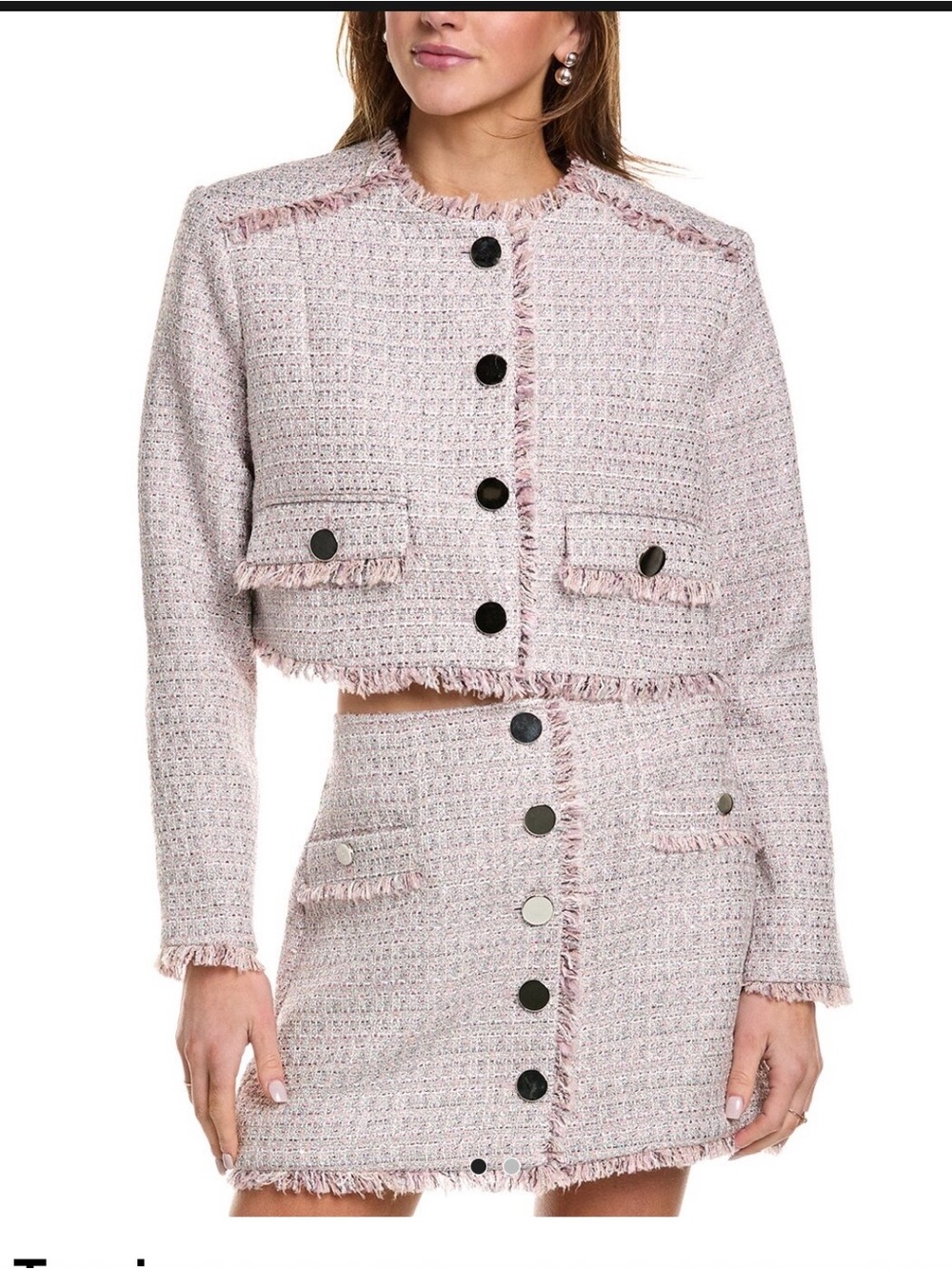 Toccin Lainey Cropped Pink Metallic Tweed suit 
with Fringe Trim NWT